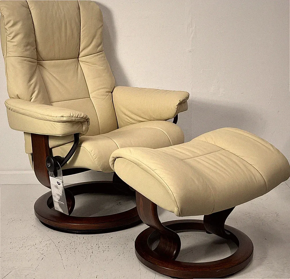 Ekornes Stressless Small MAYFAIR Cream Leather Swivel Recliner Chair Ottoman