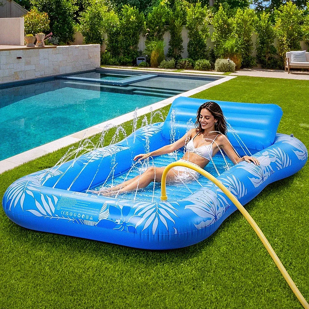Inflatable Tanning Pool Lounger Float with Sprinkler 81x53" Adult Pool Floats