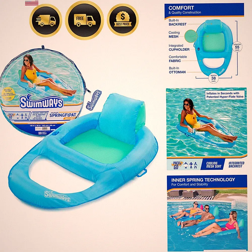 Spring Float Recliner Pool Lounger, Inflatable Pool Floats Adult with Fast I...